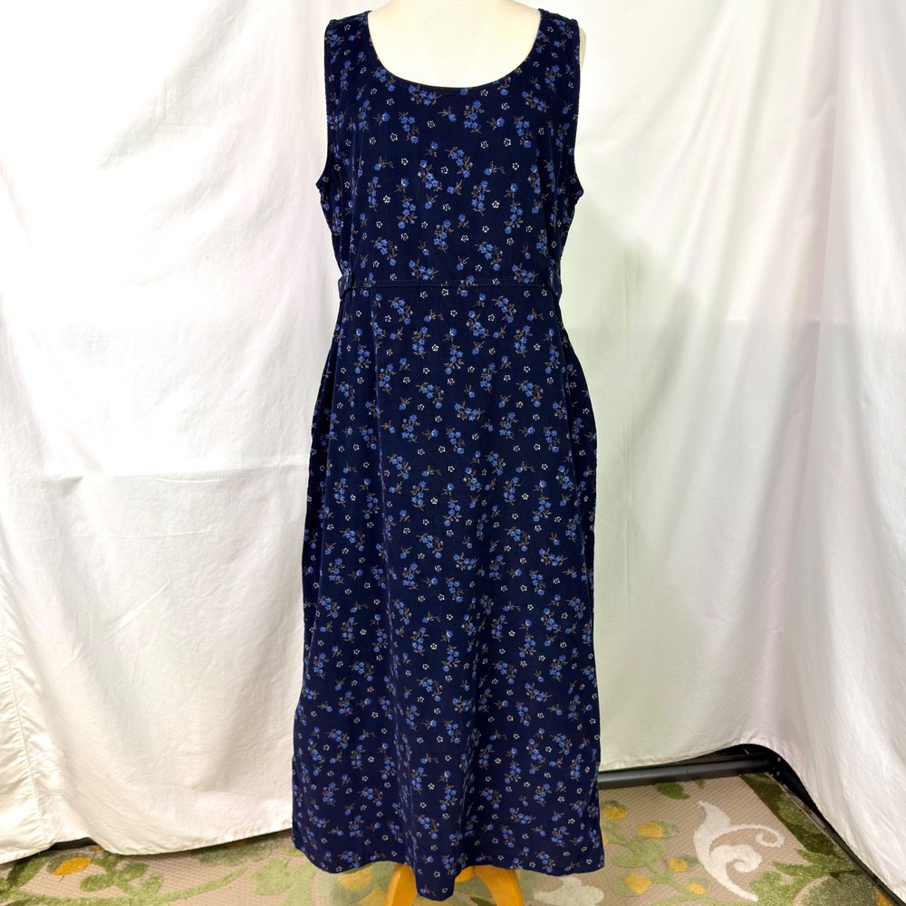 VINTAGE Bobbie Brooks Navy Dark Floral Corduroy Jumper Maxi Dress L 90s Cottage